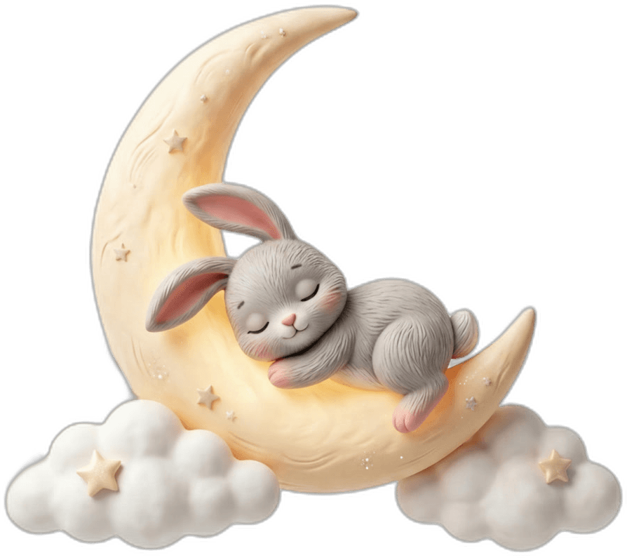 Sleepy Saga — sleeping bunny on a crescent moon