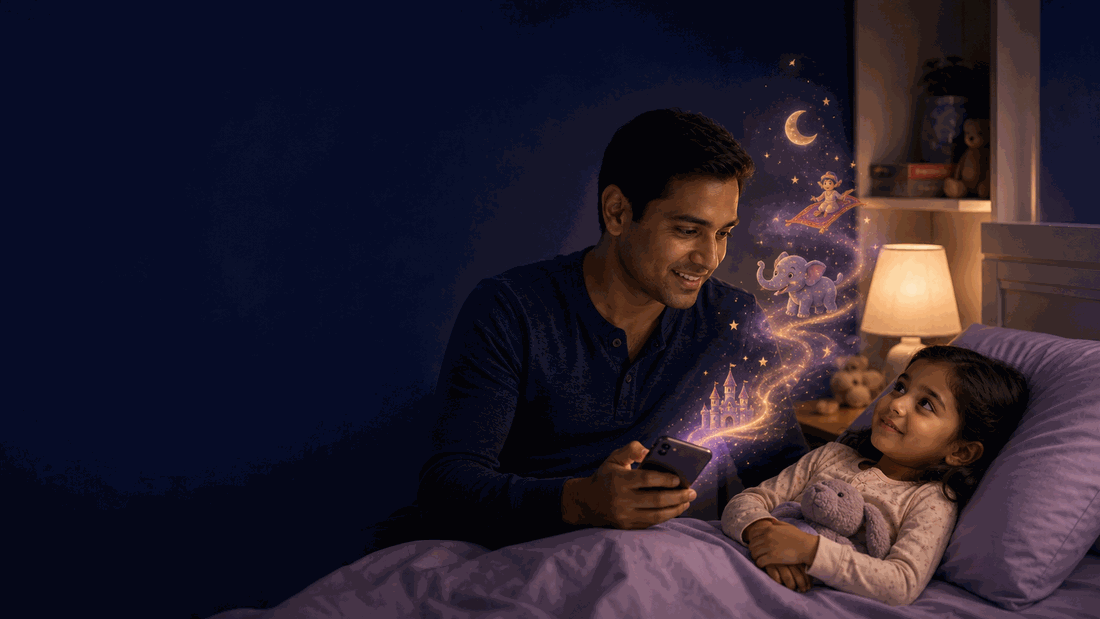 An Indian parent reading a Sleepy Saga story from a phone while magical story figures appear and the child listens