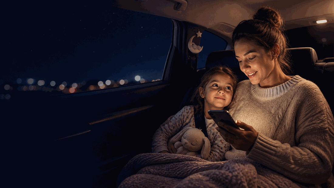 A parent reading a Sleepy Saga story from her phone while her child listens in the car