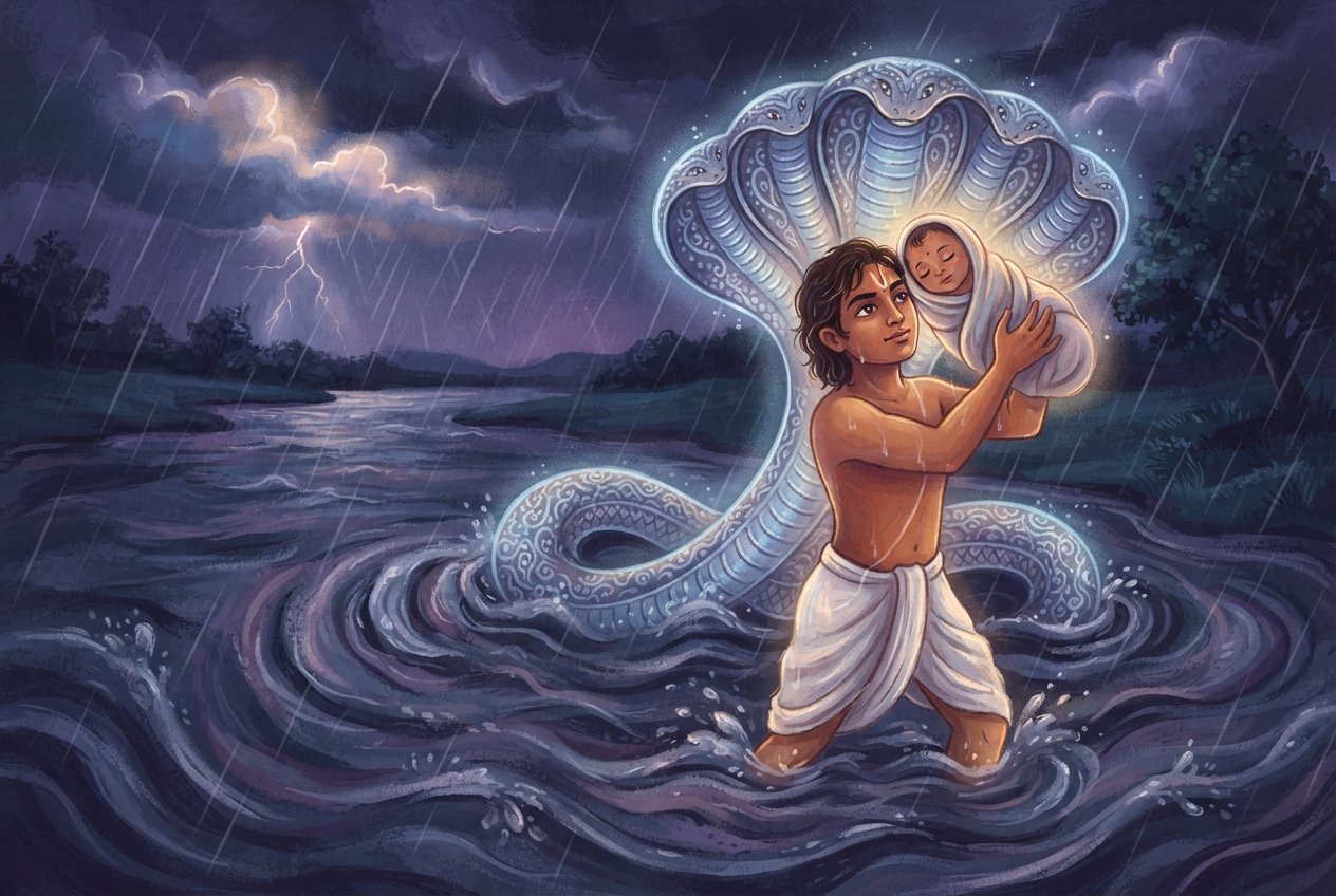 A Baby Crosses a Stormy River